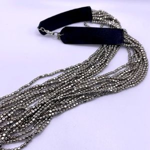 Women’s leather multi strand necklace with metal silver beads long necklace